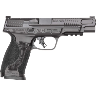 Side view of a gray/black semi-automatic pistol with textured grip and trigger guard, brand Smith & Wesson engraved on the slide.