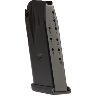 Black handgun magazine with numbered round-count holes (1–10) resting in a base plate, shown at an angled side view.