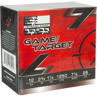 Box of Game/Target shotgun ammunition, red and black design with a lightning bolt and target graphic; details show 12 GA, 2 3/4 in, 1 1/8 oz, 1250 FPS, 7 1/2 shot, 25 count.