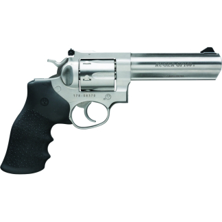 Stainless Ruger GP100 revolver in profile with a black textured grip and .357 Magnum chambering