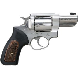 Stainless steel revolver with a wooden grip, chambered in .357 Magnum (Ruger GP100).