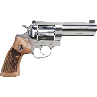Chrome revolver with a wooden grip shown in profile against a white background.