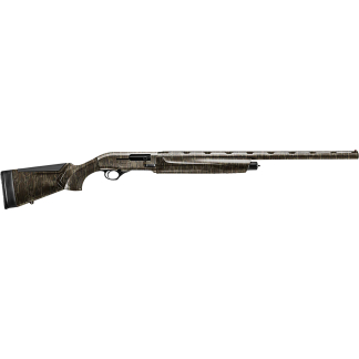 Camouflage-pattern bolt-action rifle with a long barrel and wooden stock
