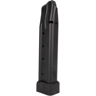 Black handgun magazine with a large base plate, standing upright on a white background.