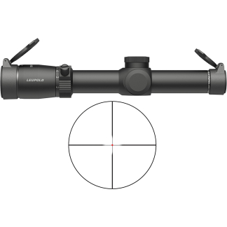 Leupold rifle scope above a circular target with a red center dot and crosshair reticle.