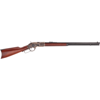 Lever-action rifle with polished wooden stock and ornate metal receiver, long barrel shown sideways
