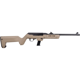 Desert-tan semi-automatic rifle shown in profile with a long black barrel, Picatinny top rail, and detachable magazine.