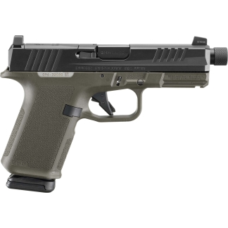 Side profile of a Ruger 9mm Luger semi-automatic pistol with a textured olive frame and serrated slide.