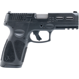 Side view of a black semi-automatic pistol with a textured grip and visible trigger guard.