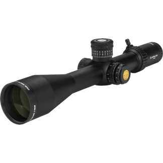 Black rifle scope with multiple adjustment dials and a large front lens