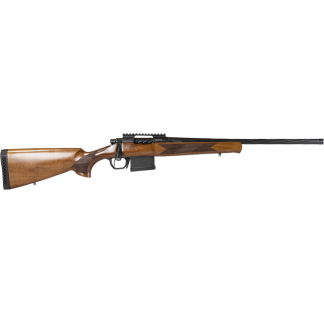 Bolt-action hunting rifle with a wooden stock and long barrel shown in profile east-west across the image, magazine and scope rail visible.