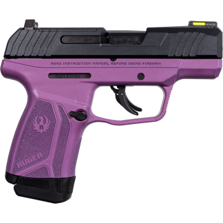 Side view of a purple semi-automatic pistol with a black slide and yellow sights on a white background.