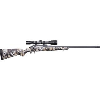 Camouflage-pattern bolt-action sniper rifle with a mounted scope seen from the side