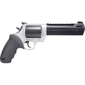 Silver Taurus revolver with a black barrel and textured grip, laid horizontally against a white background.