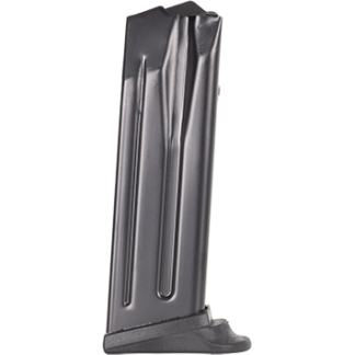 Metal detachable pistol magazine standing upright on a white background.