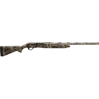 Camouflage-pattern hunting rifle with long barrel and black stock against a white background.