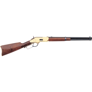 Lever-action rifle with a wooden stock, brass receiver, and long black barrel on a white background