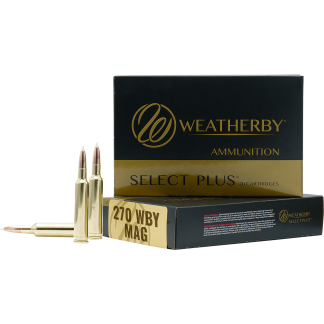 Weatherby Select Plus ammunition box with .270 WBY MAG cartridges and three loose bullets beside it.