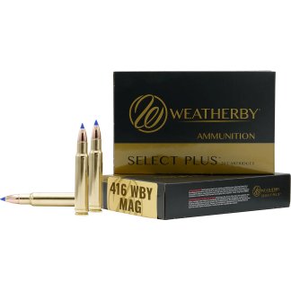 Weatherby Select Plus ammunition box with two upright brass cartridges and a third lying flat; 416 WBY MAG label visible on the side.