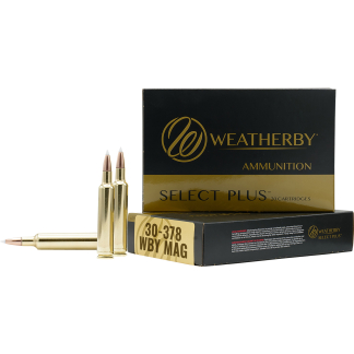 Box of Weatherby Select Plus ammunition with gold and black packaging and several rifle cartridges laid out in front
