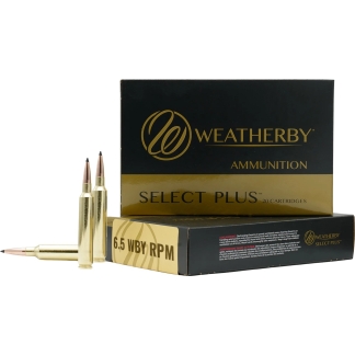 Weatherby Select Plus ammunition box with brass rifle cartridges, set against a dark box backdrop.