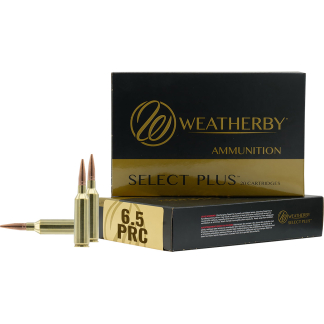 Weatherby Select Plus ammunition box with 6.5 PRC cartridges and three brass bullets laid out beside it (product shot). Buyer's image emphasizes brand and caliber.