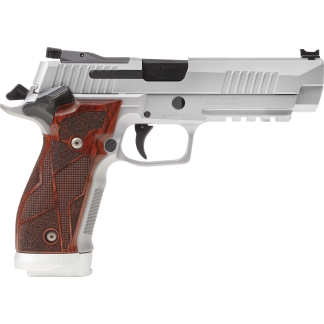 Semi-automatic pistol in silver with a textured wooden grip, shown in side profile partially cropped at the top and bottom edges.