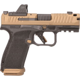 Semi-automatic handgun shown in a right-side profile with a tan slide and black grip, highlighting the trigger guard and serrated slide edges.