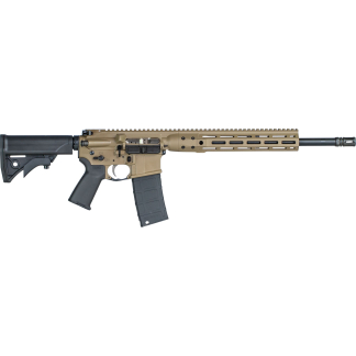 Tan and black AR-style rifle with adjustable stock and detachable mag on a white background