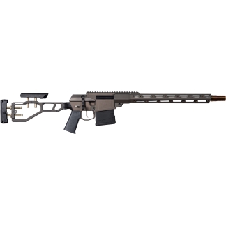 Modern tactical rifle with adjustable stock, polymer grip, and long rail-equipped barrel