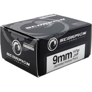Box of Scorpion Ammunition labeled 9mm 147gr Jacketed Hollow Point (JHP), 20 cartridges inside