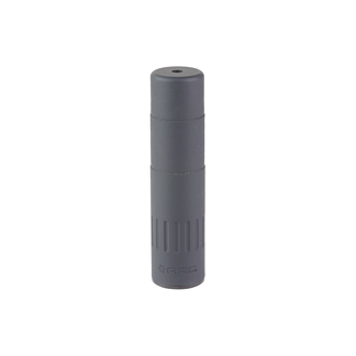 Gray cylindrical spray canister with a rounded cap and textured grip area.
