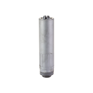 Cylindrical metal cartridge-like component with a knurled midsection and threaded bottom, isolated on white.
