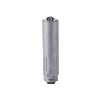 Metal cylindrical hand tool with a ribbed grip near the base and a small protruding top, silver finish