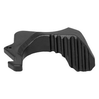 Black plastic curved clamp with a ribbed grip and small hook, an accessory used to grip or attach components.