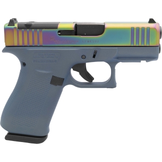 Close-up of a rainbow-colored Glock pistol slide and blue frame, showing serrations and grip area.
