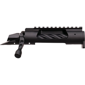 Black AR-style rifle upper receiver with a top Picatinny rail and visible bolt carrier inside