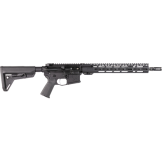 Black AR-style semi-automatic rifle with a collapsible stock, pistol grip, and a long quad-rail handguard.