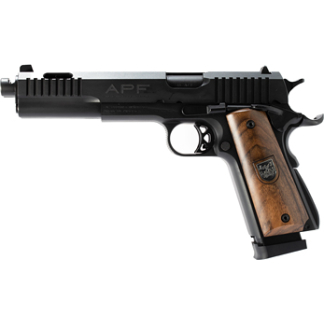 Side view of a black semi-automatic pistol with a wooden grip
