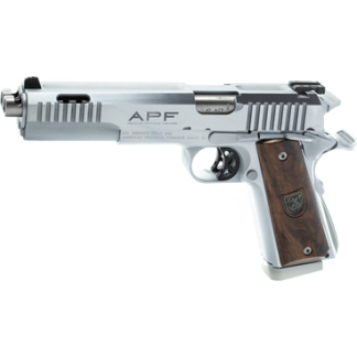 Silver semi-automatic handgun with wooden grip panels, shown in side view (APF branding).