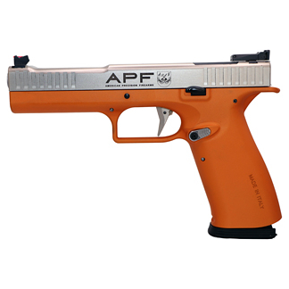 Orange and silver semi-automatic pistol shown in profile, with APF branding on the slide and an orange grip.