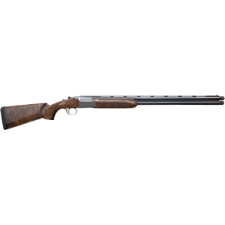 Side view of a double-barreled shotgun with a wood stock and fore-end, viewed from the left.