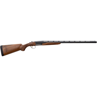 Side view of a classic wooden-stock shotgun with a long barrel.