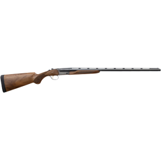 Side view of a shotgun with a wooden stock and a long metal barrel.