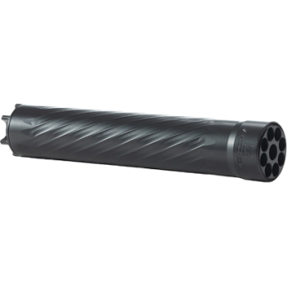 Black cylindrical firearm suppressor with a multi-port muzzle, shown in an angled side view.