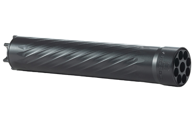 ANXX-22-B_1jpg | ATFirearms Black cylindrical firearm suppressor with a multi-port muzzle, shown in an angled side view.