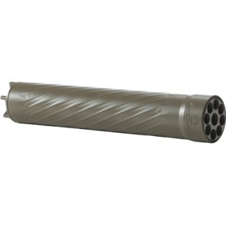 Long gray metal cylinder with spiral grooves running along its length and multiple circular holes at the end.