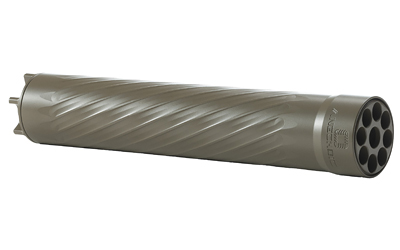 ANXX-22-FDE_1jpg | ATFirearms Long gray metal cylinder with spiral grooves running along its length and multiple circular holes at the end.