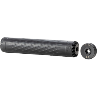 Black .22 caliber rifle suppressor with its end cap detached, showing the interior threading.