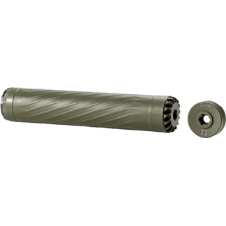 Olive-green rifle suppressor with a threaded muzzle adapter shown separately on white background.